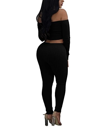 Women&prime;s Sexy 2 Pieces off Shoulder Long Sleeve Crop Top Long Pant Bodycon Jumpsuit Skinny Black Medium