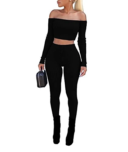 Women&prime;s Sexy 2 Pieces off Shoulder Long Sleeve Crop Top Long Pant Bodycon Jumpsuit Skinny Black Medium