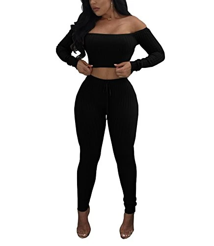 Women&prime;s Sexy 2 Pieces off Shoulder Long Sleeve Crop Top Long Pant Bodycon Jumpsuit Skinny Black Medium