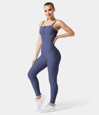 Fashion Sportswear Gym Wear Spaghetti Strap Ribbed Plain Zipper Jumpsuit for Women