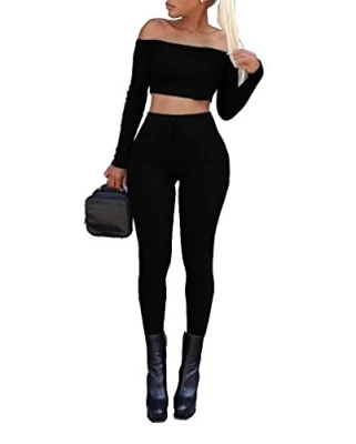 Women′s Sexy 2 Pieces off Shoulder Long Sleeve Crop Top Long Pant Bodycon Jumpsuit Skinny Black Medium